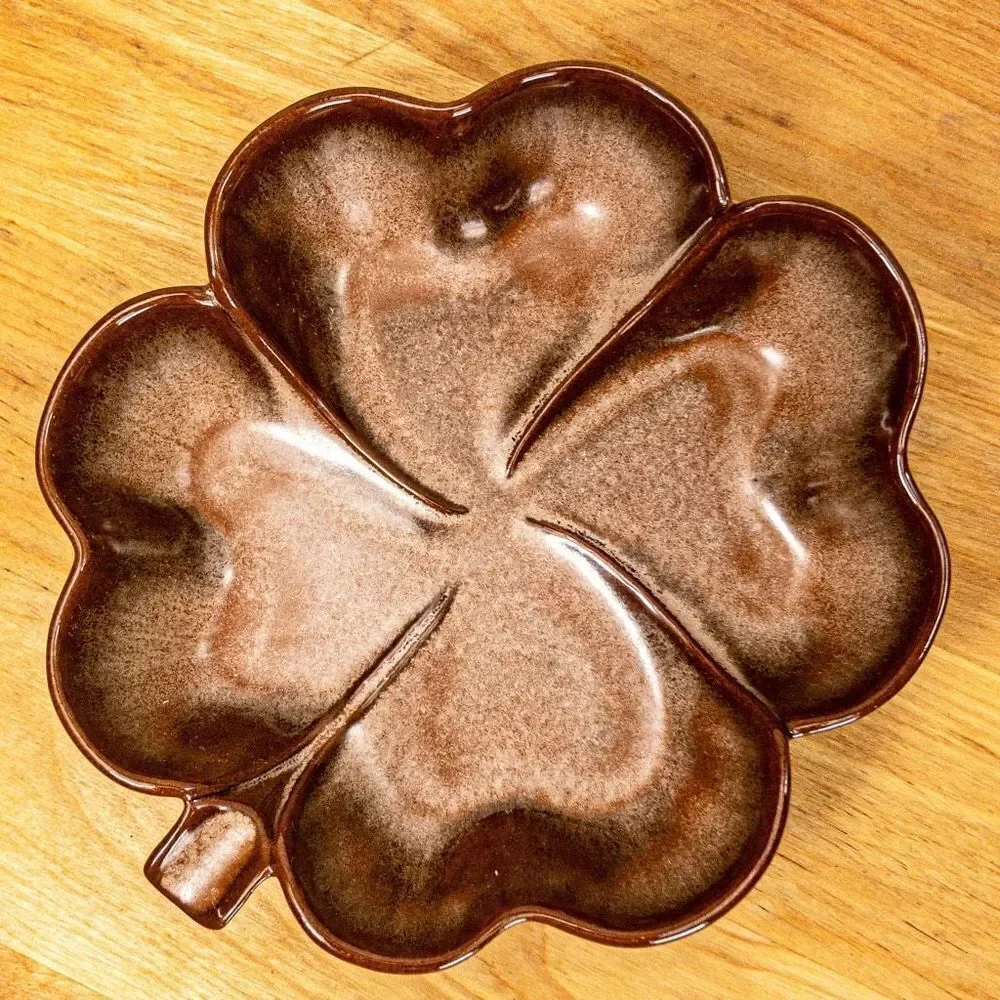 VTG Frankoma Plainsman Brown Satin Four Leaf Clover Ceramic Candy Dish